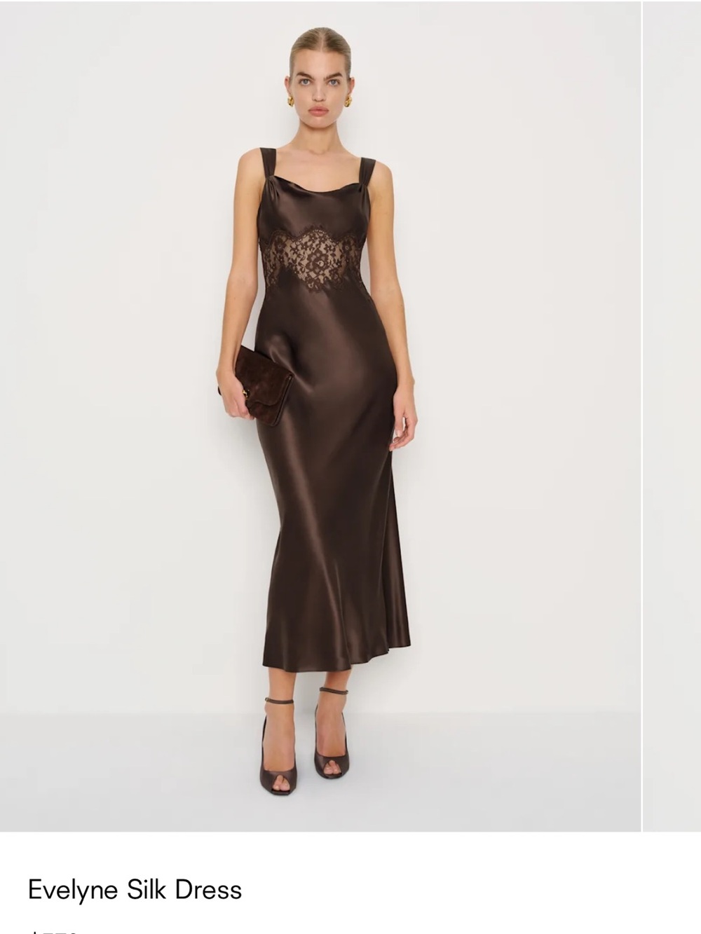 [Reformation Dress New] Satin Lace-Panel Slip Dress in Dark Brown